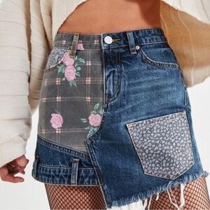 BDG Patchwork Denim Skirt with Floral Accents